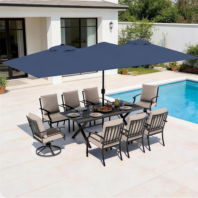 Patio Dining Set for 10 with 13.6ft Double-Sided Patio Umbrella,Outdoor Dining Set of 6 Metal Chairs and 2 Swivel Chairs with Umbrella Hole Table for Backyard,Garden,and Poolside(Brown)