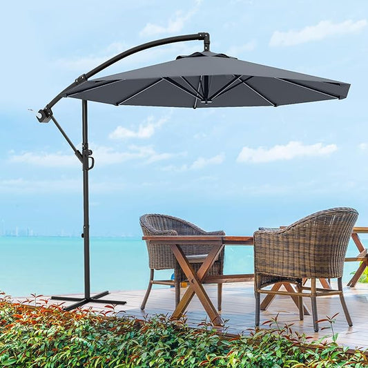 10FT Cantilever Patio Umbrella with Cross Base, Outdoor Offset Market Umbrella with Infinite Tilt and Crank Lift, Outside Umbrellas for Backyard Lawn Garden and Pool (Grey)