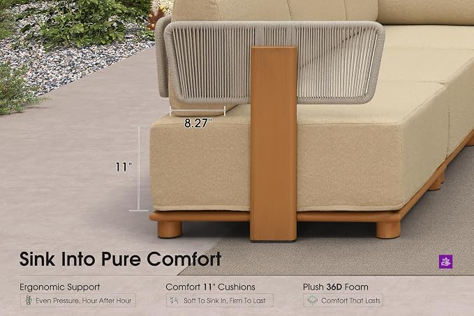 PURPLE LEAF Patio Furniture Set Modular Open-End Outdoor Sectional Sofa with 11" Thick Olefin Cushion 8-Piece Outdoor Conversation Set with Table for Backyard Garden Poolside, Beige