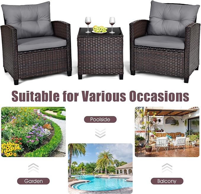 3-Pieces Patio Furniture Set, PE Wicker Chairs Sofa Set with Removable Cushions & Glass Top Side Table, Outdoor Wicker Rattan Conversation Chair for Porch,Backyard, Balcony (Grey)