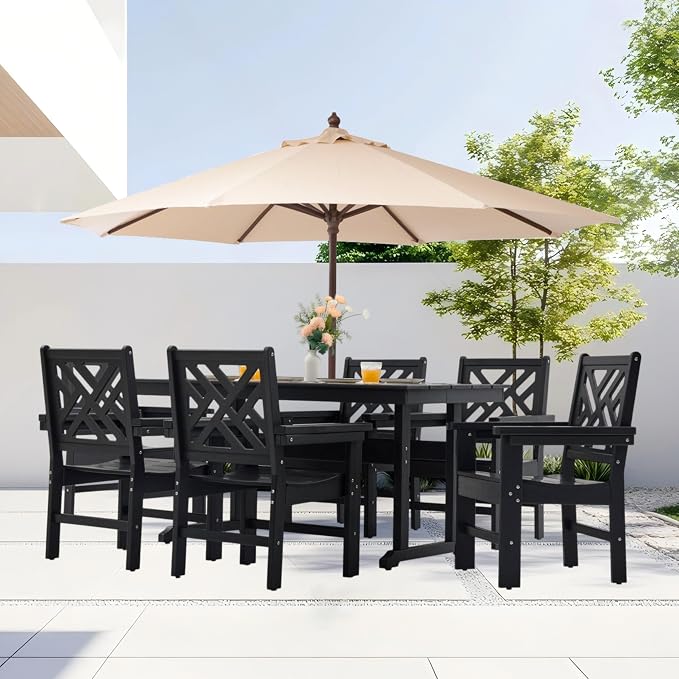 HDPE Dining Table Set for 6,7-Piece Outdoor Table and Chairs Include 6 Dining Chairs and 62.5" Patio Dining Table with Umbrella Hole (Black)