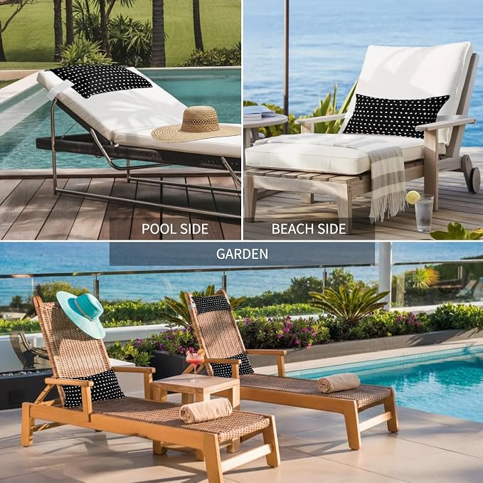 Chaise Lounge Headrest Pillow 1 Pack, Black Waterproof Chair Pillows with Insert & Adjustable Elastic Strap for Beach Pool Recliner, Abstract White Polka Dot Geometric Modern Art Outdoor Patio Pillow
