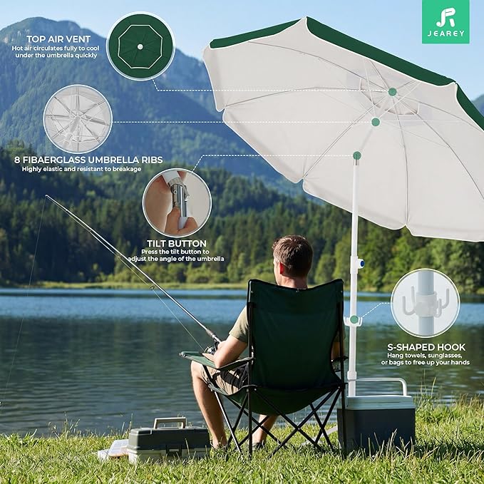 JEAREY 6.5ft Sun Shade Umbrellas, Portable Umbrella with Stand, Lightweight Sun Protection Free Standing Sport Umbrella for Outdoor Sports, Camping, Fishing, Patio, Beach, Dark Green