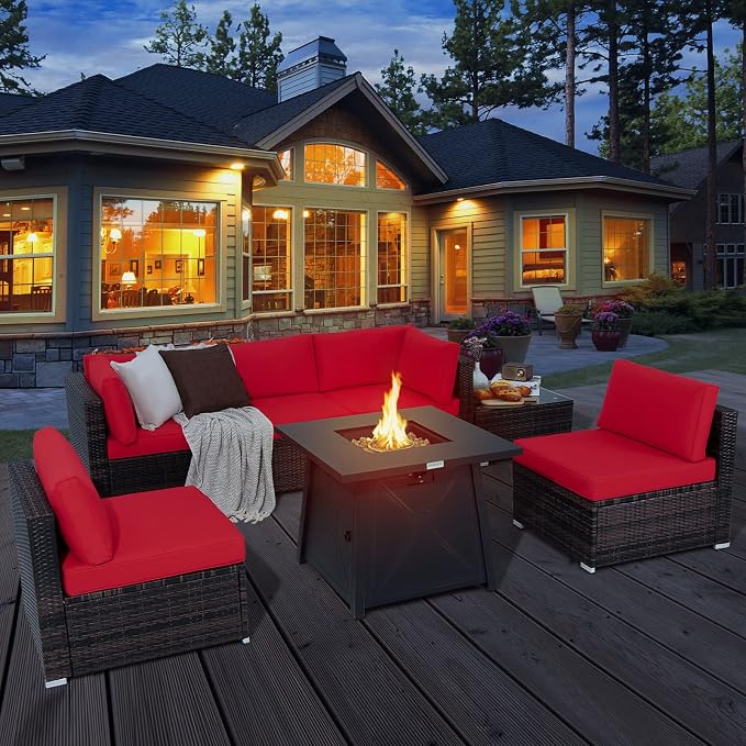Tangkula 7 Piece Patio Furniture Set w/Fire Pit Table, Patiojoy Outdoor Rattan Conversation Sofa Set w/30 Square Propane Fire Pit Table, 50,000 BTU Heat Output, Protective Cover Included (Red)