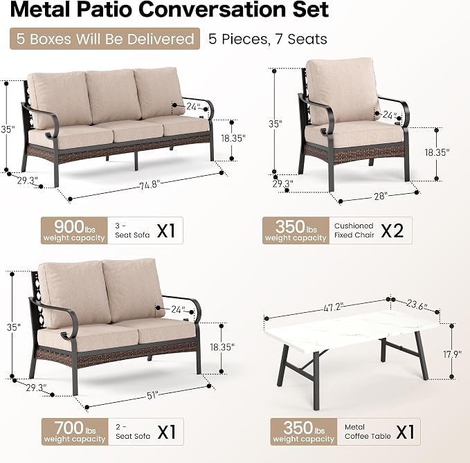 SUNSHINE VALLEY 5 Piece Metal Outdoor Patio Furniture Set, Patio Conversation Sets 1 3-Seater Sofa, 2-Seater Sofa, 2 Fixed Sofa with 5.75" Thick Cushion & Coffee Table Black Backyard Furniture, Beige