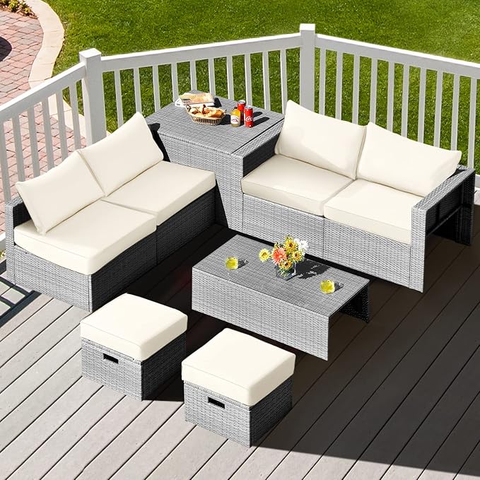 DORTALA 8 Pieces Patio Furniture Set, PE Rattan Sectional Sofa Set with Tempered Glass Table & Waterproof Cushions, Outdoor Wicker Conversation Set for Balcony, Poolside, Off White