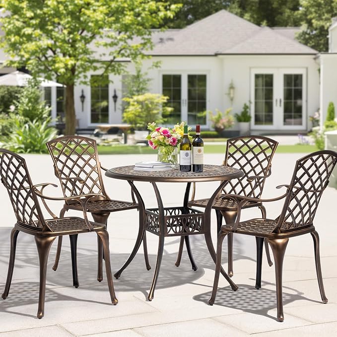 VINGLI 5 Pieces Outdoor Patio Dining Set, Cast Aluminium Patio Furniture Set with 4 Chairs and 1 Umbrella Table for Yard, Garden, Porch and Poolside, Bronze (Round Table)