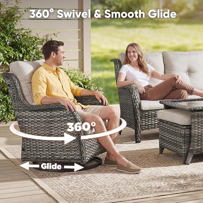 Belord Patio Furniture Set with Fire Pit Table,8 Piece Wicker Outdoor Furniture Set, Swivel Rocker Chairs with Ottomans and Sectional Couch, All Weather Patio Conversation Set, Gray Wicker/Beige