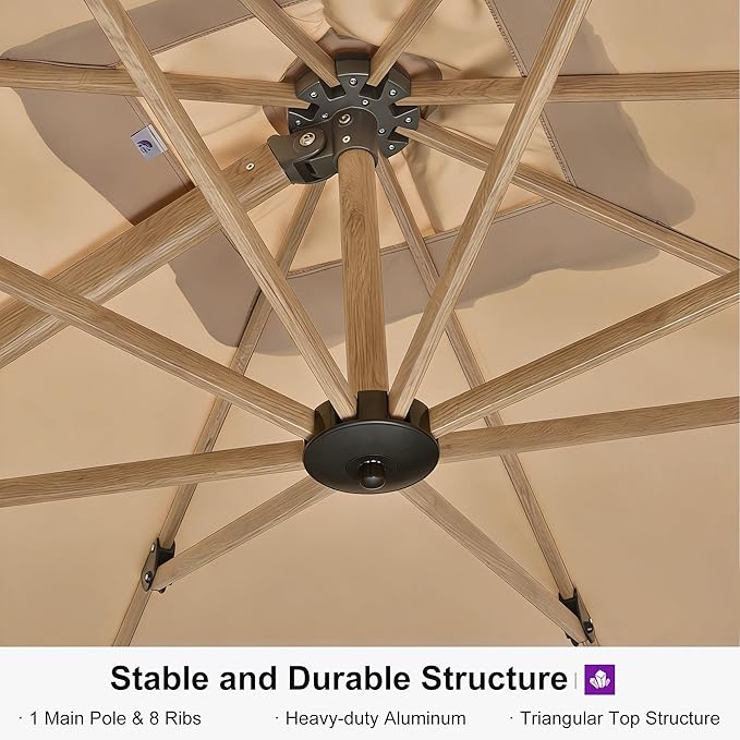 PURPLE LEAF 11FT Patio Umbrella Square Cantilever Umbrella Teak Finished Aluminum Frame Large Windproof Offset Outdoor Sun Umbrellas for Beach Pool Deck, Beige