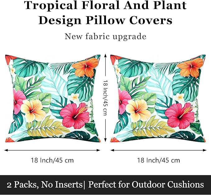 Outdoor Pillow Covers 18x18 Inch Set of 2 Tropical Floral Plants Boho Throw Pillows Cases Waterproof Square Garden Cushion Sham for Patio Funiture Tent Balcony Bench Sofa Couch, Green