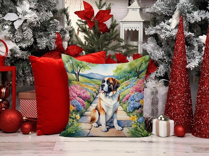 Caroline's Treasures Saint Bernard Spring Path Throw Pillow Machine Washable, Indoor Outdoor Decorative Pillow for Couch, Bed or Patio, 14Hx14W