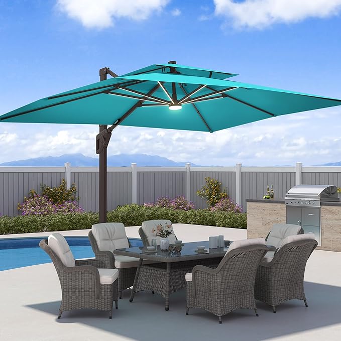 10x13 FT Patio Umbrella with Weighted Base and LED Lights Cantilever Outdoor Large Heavy Duty Rectangle Aluminum Offset Umbrellas Double Top 360 Rotation for Pool Deck Garden, Turquoise