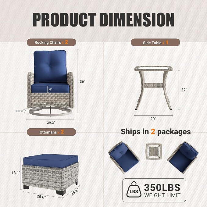 Outdoor Patio Furniture Set Patio Rocking Swivel Chair with Tempered Glass Side Table, Outdoor Wicker Rattan Bistro Set with Ottomans for Garden, Deck, and Balcony, Blue
