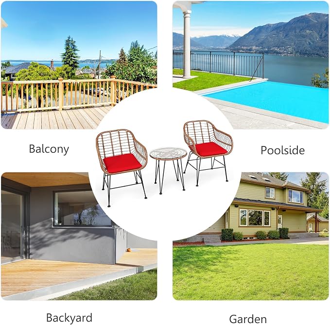 DORTALA 3 Piece Patio Bistro Set, Outdoor Wicker Furniture with Round Tempered Glass Top Table & 2 Rattan Armchairs, Cushions, Conversation Set for Porch, Backyard, Garden, Red