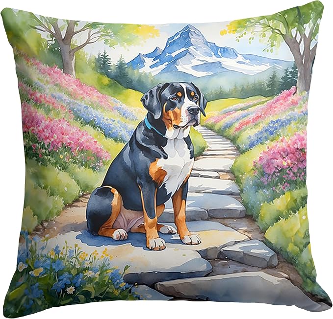 Caroline's Treasures Greater Swiss Mountain Dog Spring Path Throw Pillow Machine Washable, Indoor Outdoor Decorative Pillow for Couch, Bed or Patio, 14Hx14W