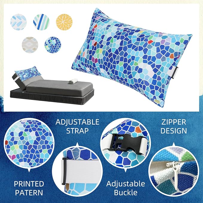 Chaise Head Rest Pillows Set of 2, Waterproof Outdoor Lounge Pillow Lumbar Pillows with Insert Adjustable Elastic Strap Decorative Pillows for Patio Beach Pool Chair, Blue Geometric