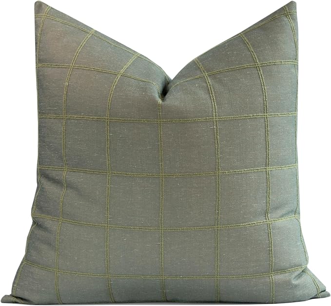 Modern Farmhouse Fall Linen Indoor Outdoor Throw Pillow Cover Only, 22"x22" Water Repellent for Patio, Backyard, Couch, Oliver Green Plaid