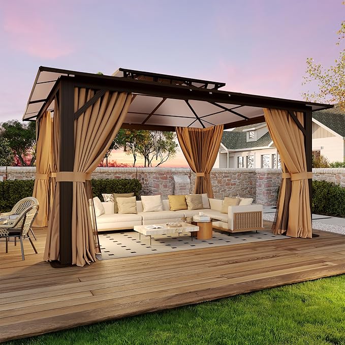 12’x14’ Hardtop Gazebo with Double Polycarbonate Roof Outdoor Metal Gazebo Sturdy Aluminum Frame & Removable Curtains, Netting Permanent Pavilion Pergola for Garden,Patio,Lawn (Brown)