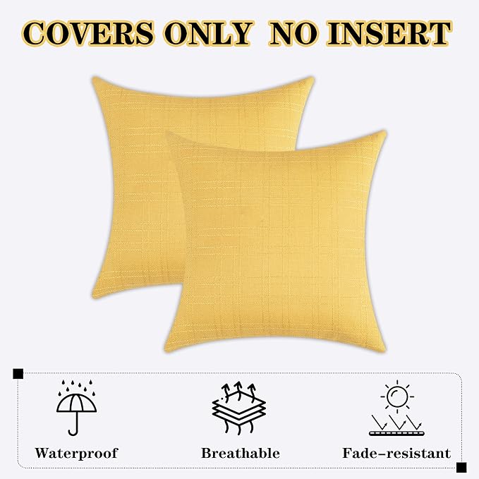 Kevin Textile Outdoor Waterproof 22”x22” Pillow Covers 2 Pack, Yellow | Water Resistant, Soft Faux Linen-cotton Yarn-dyed Woven Texture Throw Pillow Covers for Tent Patio Garden Couch Sofa