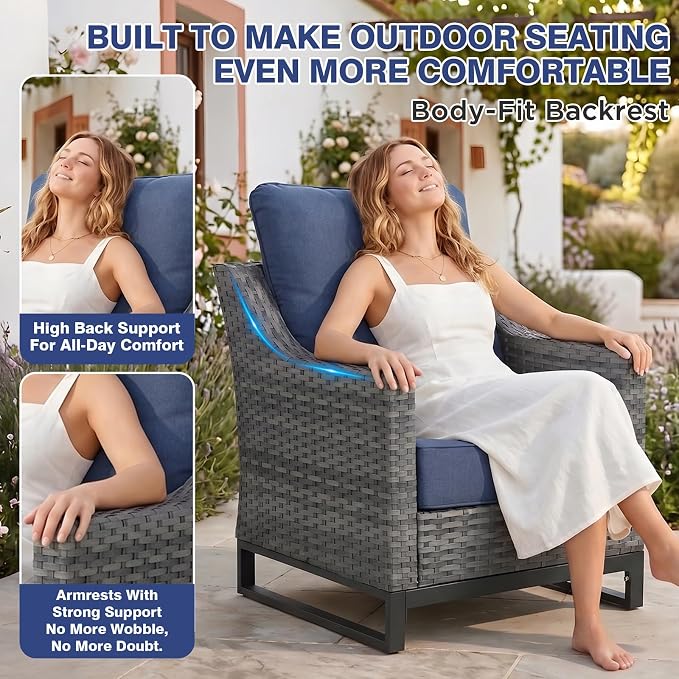 6 Piece Patio Furniture Set,Comfortable Seating Wicker Chairs Set of 2,Outdoor Side Tale and 2 Ottomans, Sofa, All-Weather Wicker Patio Set with 6 Inch Thick Cushions for Porch Deck Balcony Garden