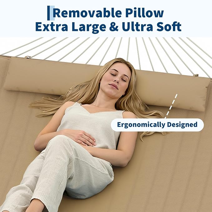 Double Spreader Bar Hammock with Stand, 2-Person, 12ft, 450lbs Capacity | quick-dry, UV-resistant, detachable pad & pillow, side pockets, for patio/backyard/garden/beach, Brown-Yellow