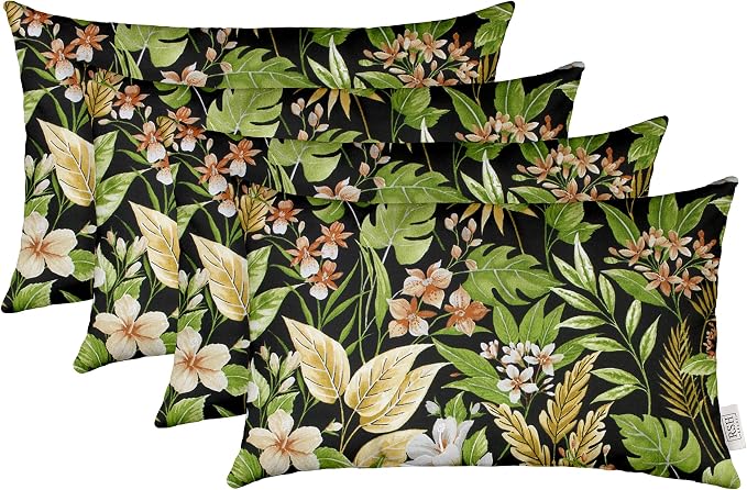 RSH DECOR: Lumbar Throw Pillows Set of 4 | 20” x 12” | All-Weather Spun Fabric | Water and Fade-Resistant | Outdoor Accent Pillows for Patio Furniture | Made in USA (Carena Ebony)
