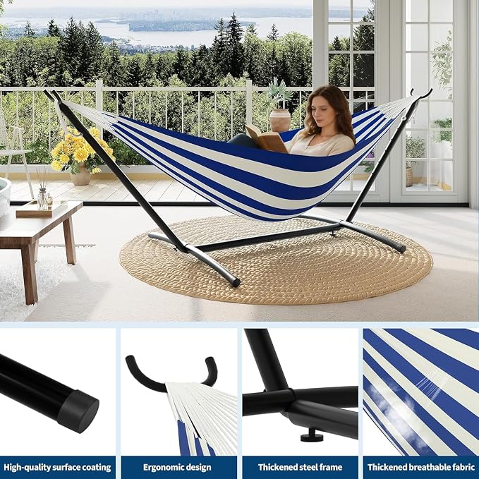 Double Hammock with Space-Saving Steel Stand - 2 Person Portable Heavy Duty Hammock with Carrying Bag for Outdoors & Indoors, Easy Assembly, 350 lbs Capacity, Yellow Rainbow Stripes
