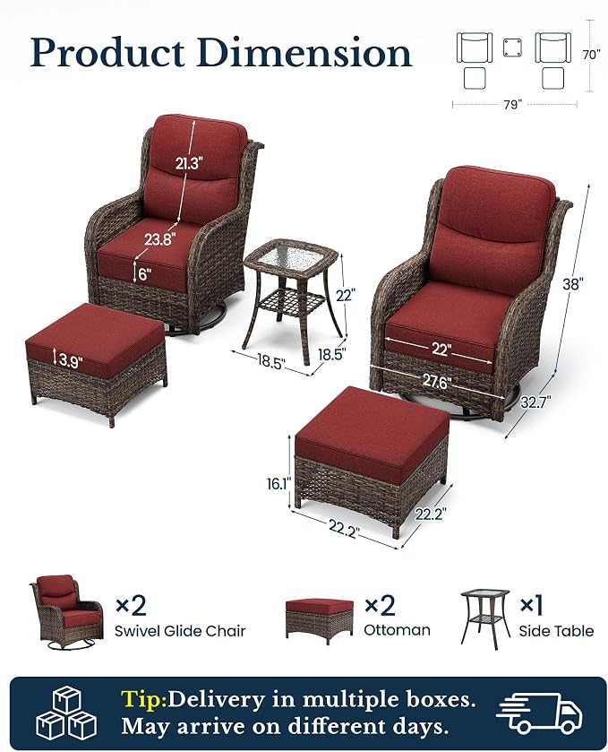 HILLGA Luxury 5PCS Outdoor Swivel Rocker Patio Chairs of 2 with 6 Inch Thick Cushions and Side Table, All Weather Outdoor Chairs High Back Wicker Patio Furniture Set for Porch and Deck, Burgundy