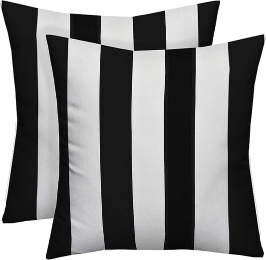 Square Throw Pillows Set of 2 | 24"x 24"| All-Weather Spun Fabric | Water and Fade-Resistant | Outdoor Accent Pillows for Patio Furniture | Black & White Stripe