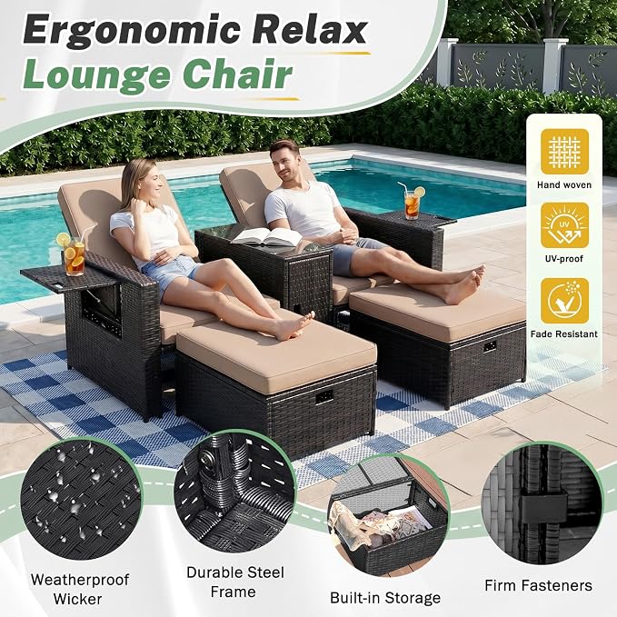 LVUYOYO 5 Piece Patio Furniture Set, Patio Wicker Conversation Set with Ottoman, Outdoor Chaise Lounge Chair with Side Table & Adjustable Backrest for Pool Backyard Garden (Black Wicker Khaki Cushion)