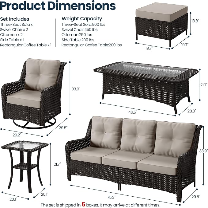 Kullavik 7 Pieces Patio Furniture Set,All-Weather Wicker High Back Outdoor Swivel Rocker Patio Chairs with Coffee Table & Thick Cushions,Paito Conversation Set for Porch,Deck,Sand