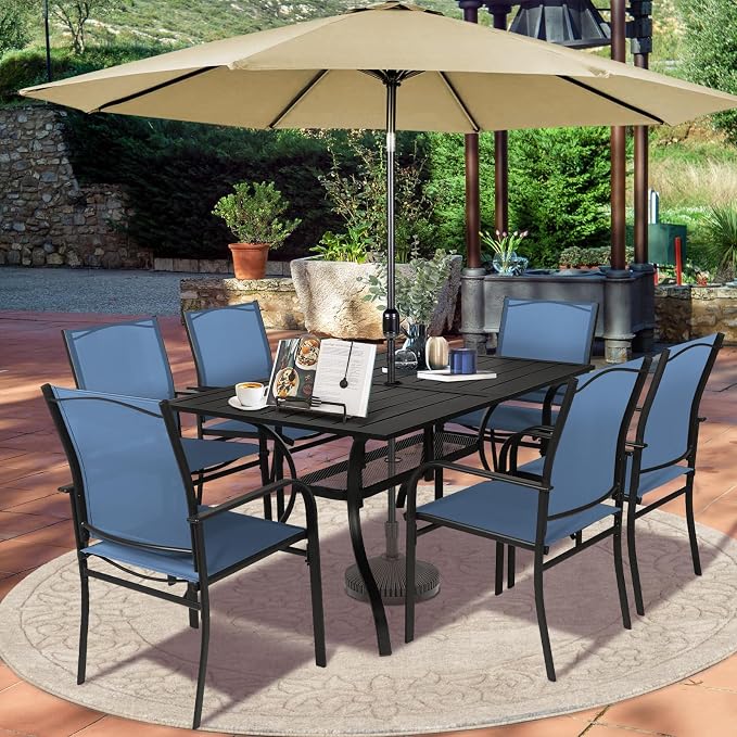 SUNCROWN 8 - Piece Outdoor Dining Set, Patio Furniture Set with 6 Textilene Dinning Chairs, 1 Rectangle Metal Table and 1 Brown 9Ft Patio Umbrella for Lawn Garden Backyard Deck, Blue