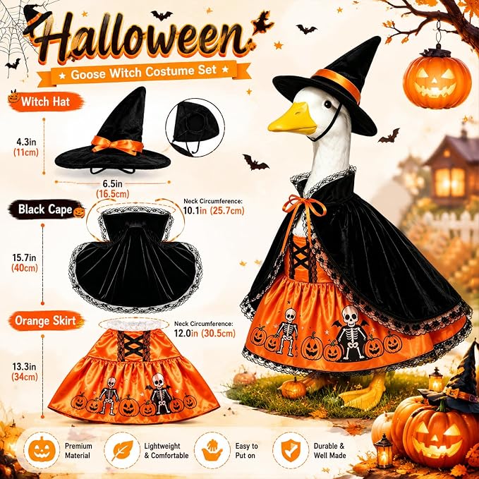 Halloween Porch Goose Outfits 3 Pcs Geese Outfit Outdoor Garden Statue | Ghost Cape Pumpkin Dress Witch Hat Set Cute Gooses Set Goose Clothes for Halloween Patio Yard Decor