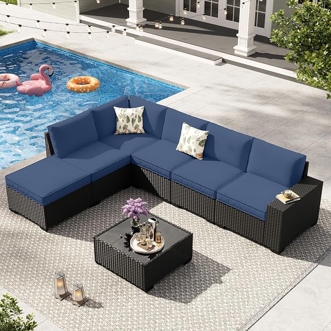 7-Piece Outdoor Patio Furniture Set, Modular Wicker Sectional Sofa with Thick Cushions & Coffee Table, All-Weather Rattan Conversation Set for Backyard, Porch, Poolside, Navy