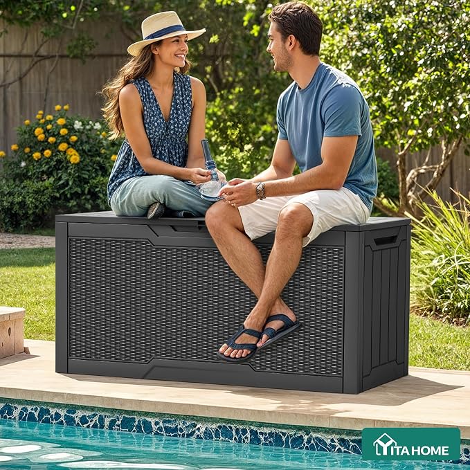 YITAHOME 80 Gallon Outdoor Storage Box, Large Water Resistant Resin Deck Box, Indoor Outdoor Lockable Rattan Storage Container for Patio, Garden, Cushions, Tools, Equipment (Dark Gray)