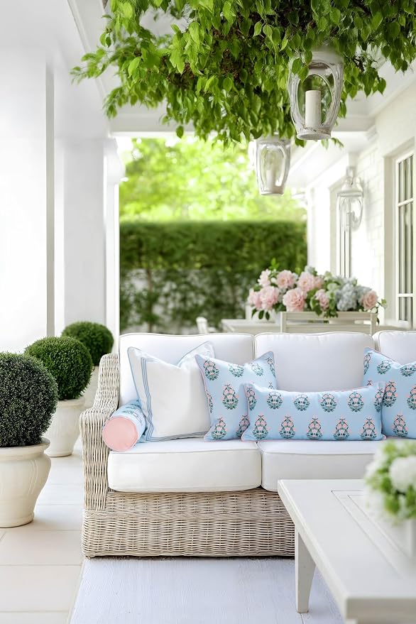 Hofdeco Premium Coastal Grandmillennial Patio Indoor Outdoor Bolster Pillow Cover Only, 6"x20" Water Repellent for Backyard, Couch, Poolside, Baby Blue Pink Print Flower