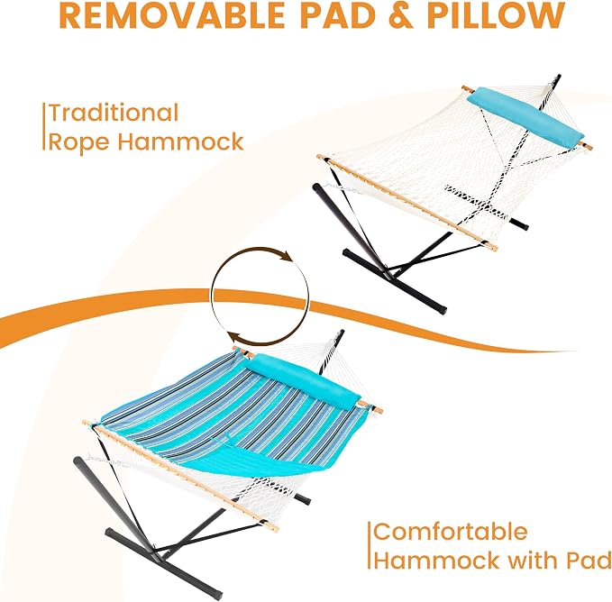 Lazy Daze Hammocks 2 Person Portable Hammock with 12FT Stand, Double Hand Woven Cotton Rope Hammock with Detachable Quilted Pad & Pillow for Outside, 450lb Capacity, Blue Stripes