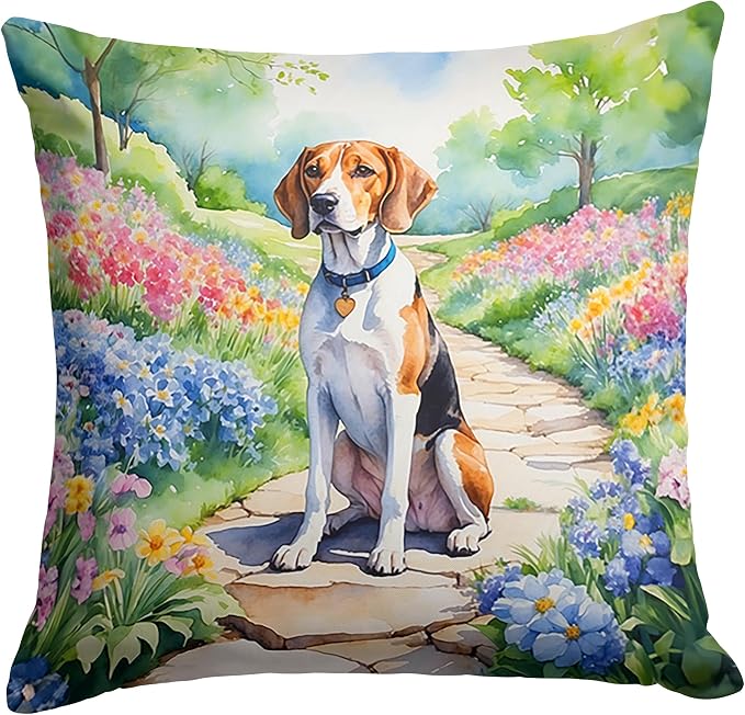 Caroline's Treasures English Foxhound Spring Path Throw Pillow Machine Washable, Indoor Outdoor Decorative Pillow for Couch, Bed or Patio, 18Hx18W