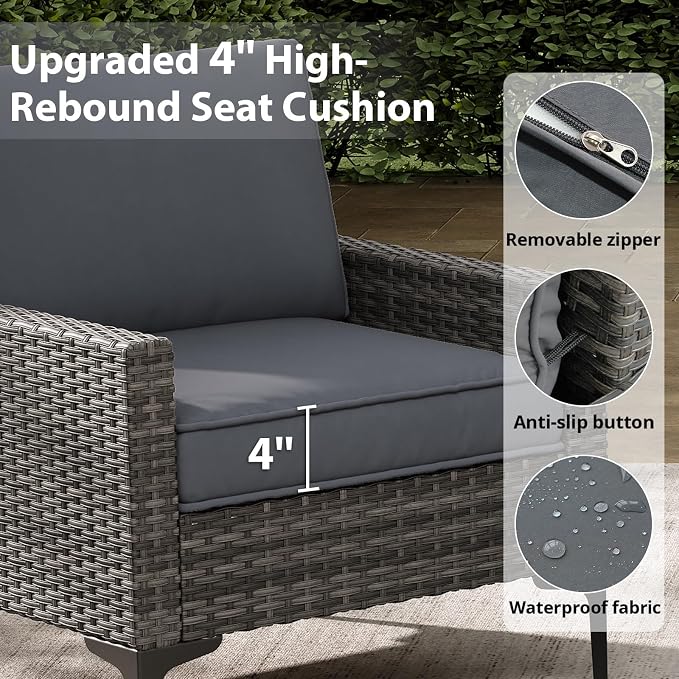 Jing's Villa 2-Piece Outdoor Sectional Set, All-Weather Wicker Patio Furniture with Loveseat & Tempered Glass Table, Comfortable Garden Conversation Set for Backyard, Poolside, Deck,Grey