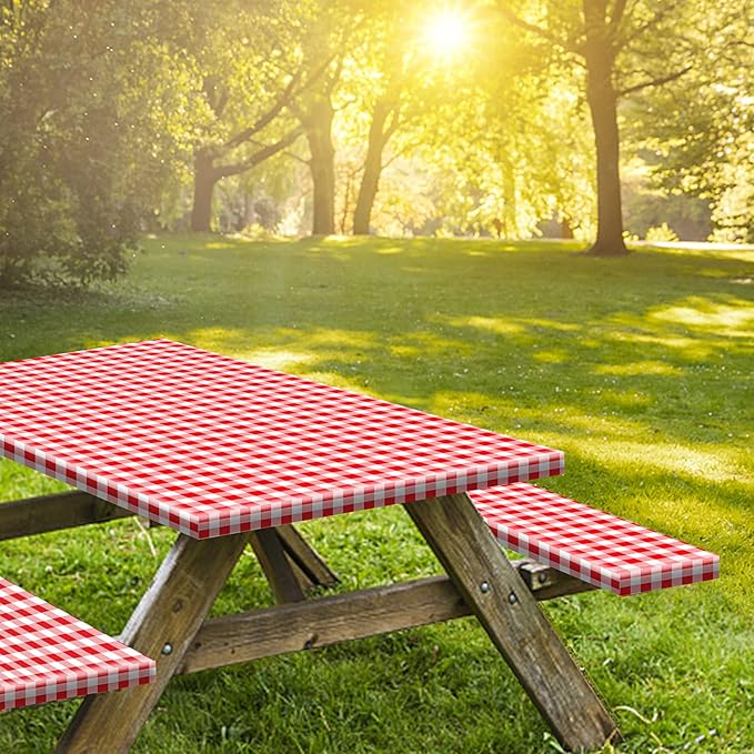 KENOBEE 6ft Picnic Table and Bench Cover, Camping Essentials RV Gear, 72in Waterproof Windproof Outdoor Elastic All Around Tablecloth, Fitted Rectangle Tables and Seats, Red-White Checkered