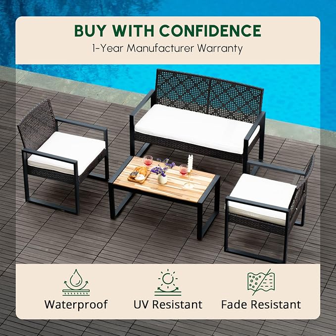 BEEFURNI Wicker Patio Furniture Outdoor Conversation Set of 4, Rattan Outdoor Furniture Set, Acacia Wood Table, 2 Chairs, 1 Loveseat, 2” Cushions, All Weather Set for Patio, Porch, Balcony (Black)