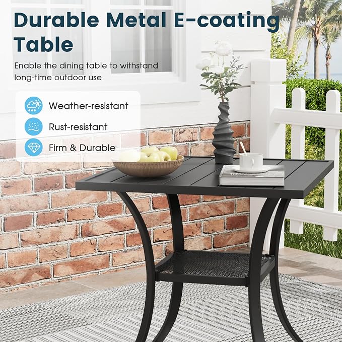 3 Pieces Patio Furniture Dining Set, 2 Textilene Swivel Dining Chairs, 28" Outdoor Square Metal Table with Storage Shelf, Outdoor Dining Set for Porch, Lawn, Garden, Black/Brown
