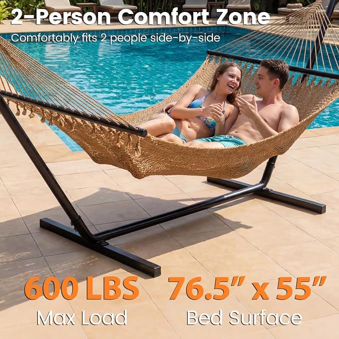 Tangkula 10.5FT Caribbean Double Hammock, Heavy Duty Portable Hammock with Curved Spreader Bars, Soft-Spun Polyester Rope, 2 Person Outdoor Hammocks for Outside, 600 lbs Max Load