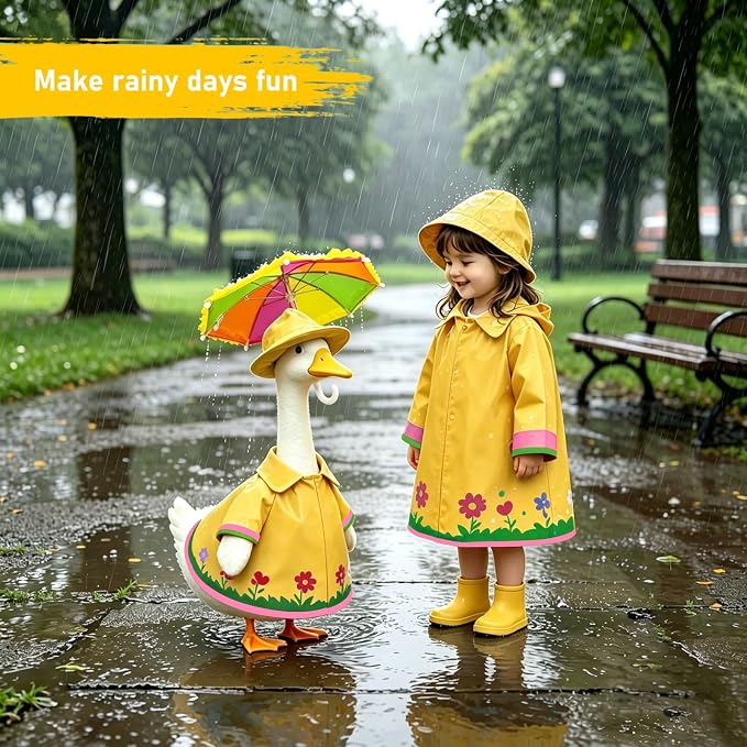 Floral Raincoat Porch Goose Outfits: 3 Pcs/Set Yellow Lawn Goose Statue Rain Coat Costume with Umbrella Hat - Summer Yard Goose Clothes for 23 Inch Goose Statue - Patio Garden Porch Lawn Outdoor Decor