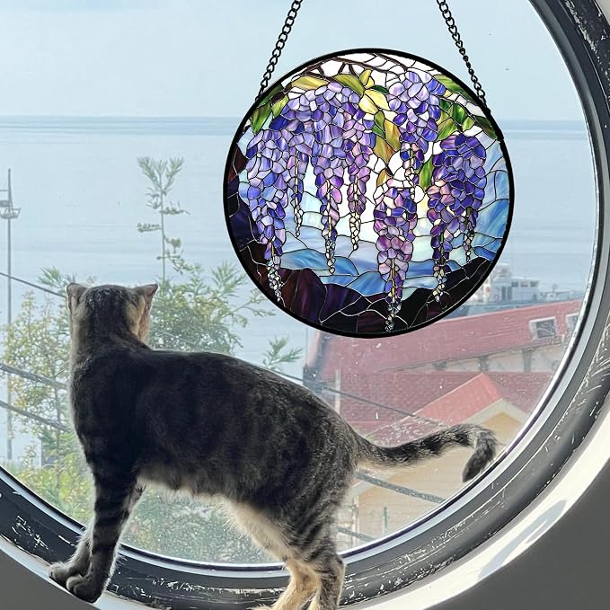 DASTOLL Stained Glass Window Hanging, Purple Wisteria Flowers Suncatcher for Doors Window Home Plant Sun Catchers Decoration Mother's Day Birthday Gifts for Women, Men, and Mom 7.8x7.8 in