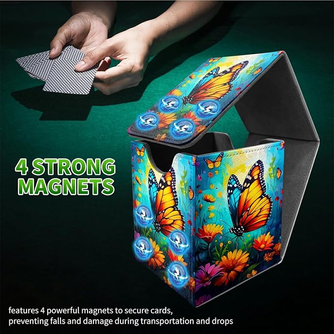 Deck Box for MTG, Cards Storage Box Fits 120+ Sleeved, Leather Medium Size Strong Magnetic Closing Card Case for Board Games Magic TCG CCG Baseball Collection, Butterfly Blue Sky