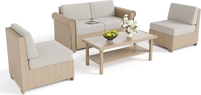 Patio Furniture Set 5 Piece, Wicker Rattan Sectional Sofa Couch with 5.5" Thick Waterproof Cushions and Coffee Table, All weather Modular Outdoor Conversation Set for Lawn Backyard and Deck, Beige