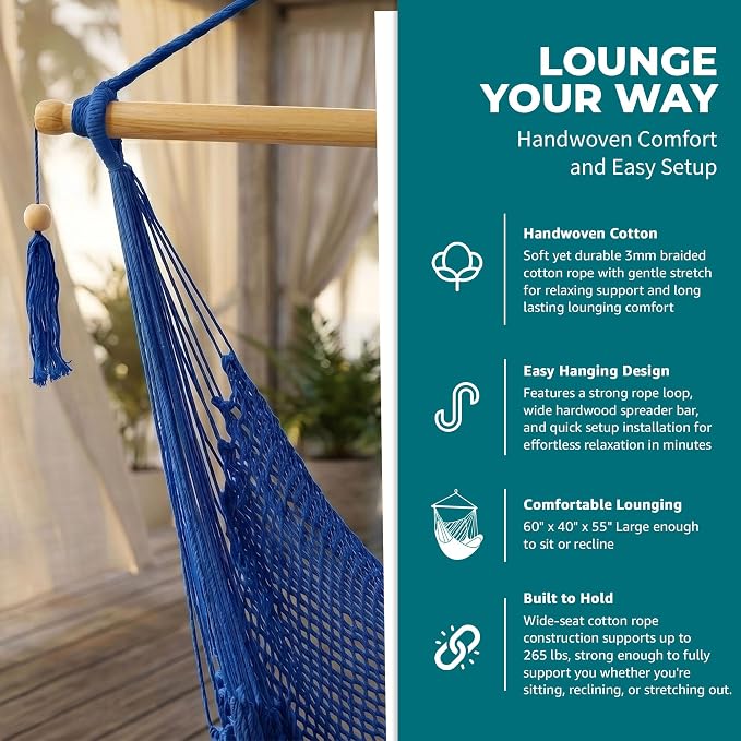 Bliss Hammocks BHC-412BLU Island Rope Hammock Chair, Eco Friendly & Hand-Woven Cotton, Varnish Coated 40 Inch Wood Spreader, Easy to Hang w/Included Hanging Kit, Supports up to 265LBS, Blue Rope