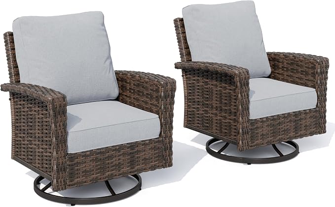 HERA'S HOUSE High Back Outdoor Swivel Chairs with 5.5" Thick Cushions, Wicker Rattan Patio Chairs Set of 2, Porch Deck Balcony Backyard Furniture, Grey