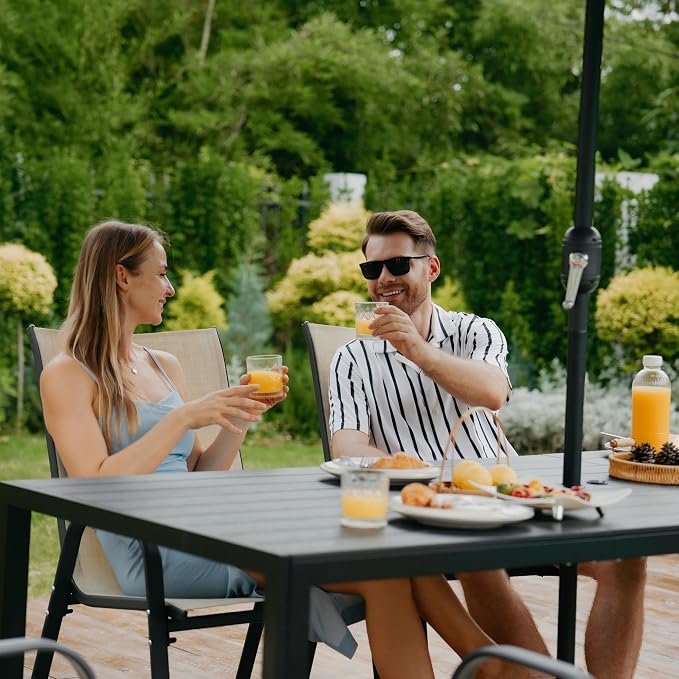 PIZZELLO Outdoor Dining Sets for 6, 83" Rectangular Dining Table with 6 Textilene Chairs, 7 Piece Patio Table and Chairs Set with Umbrella Hole for Patio, Garden, Backyard and Poolside (Grey)